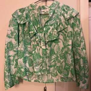 Ruffle Top Large Green Button Down Blouse
